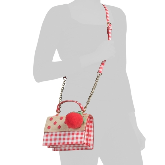 ❤️🔹️Betsey Johnson🔹️ Red & Beige Strawberry Embellished Top-Handle Satchel - Picture 2 of 4